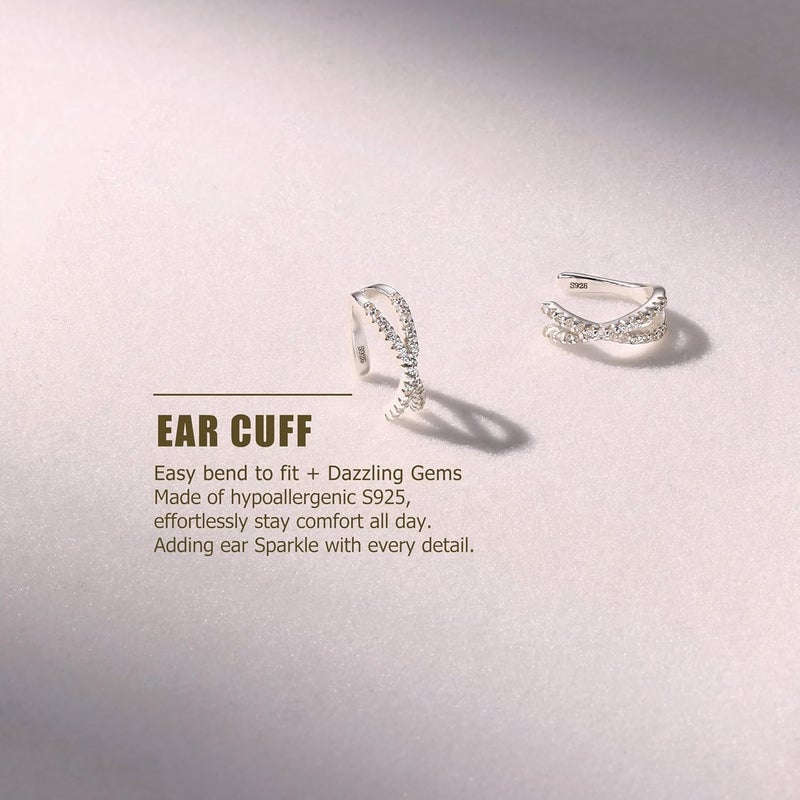 Krfy 2Pcs Adjustable Ear Cuff S925 Sterling Silver Ear Cuffs Non Piercing Cuff Earrings for Women 5A Cubic Zirconia Clip On Cartilage Helix Conch Fake Earrings Hypoallergenic - Image 2